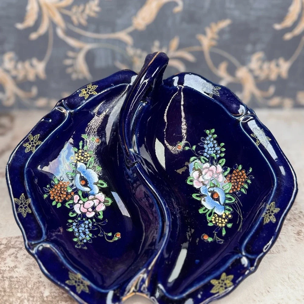 Vintage Tashiro Shoten Japan Cobalt Moriage Divided Candy Nut Dish